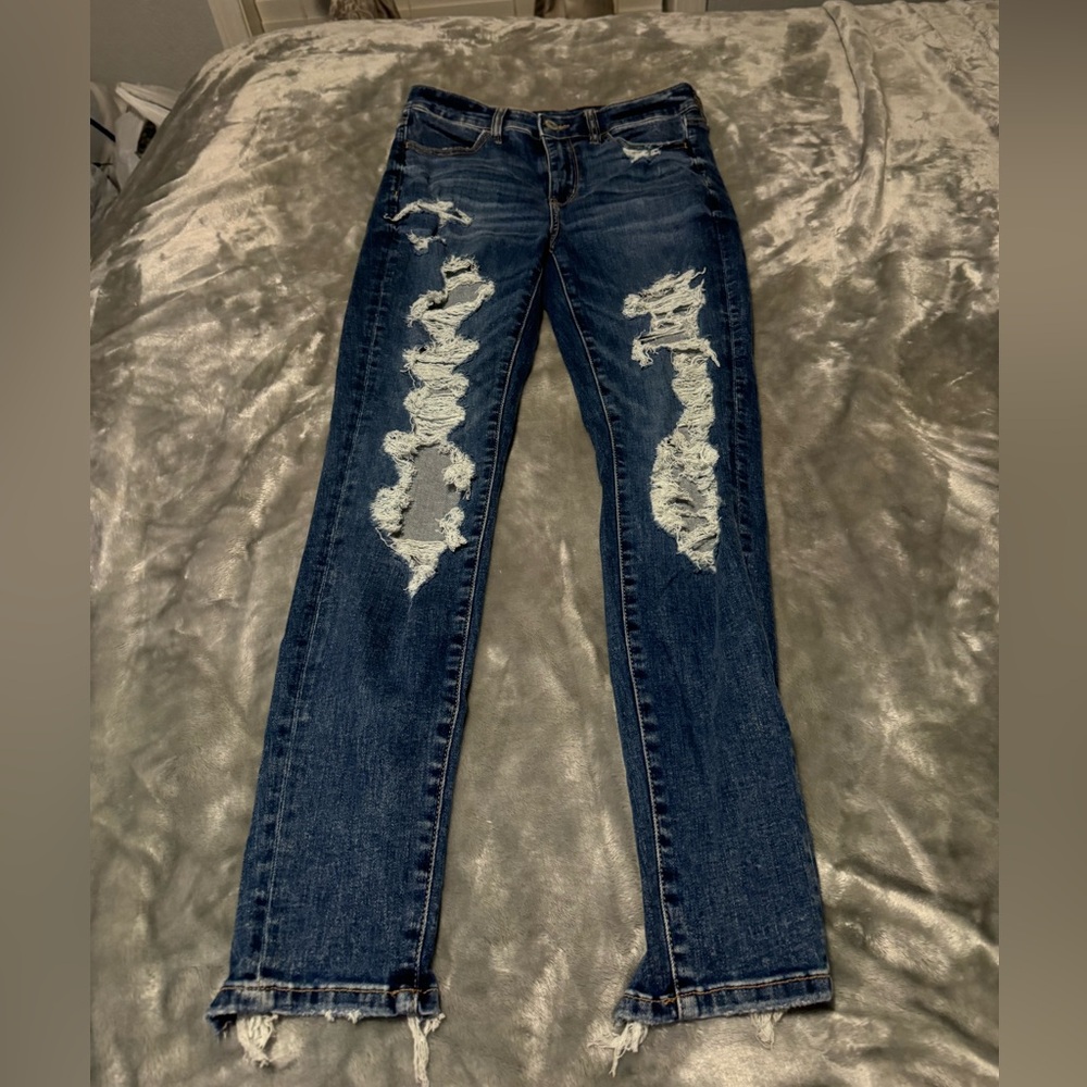 American Eagle Outfitters Dark Blue Distressed Hi Rise Jegging Skinny Jeans